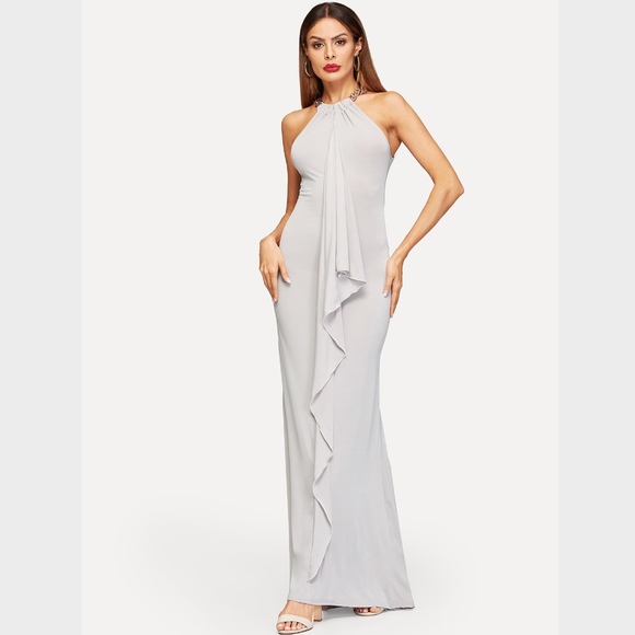 Chain Detailed Ruffle Halter Style Maxi Dress - Picture 3 of 6